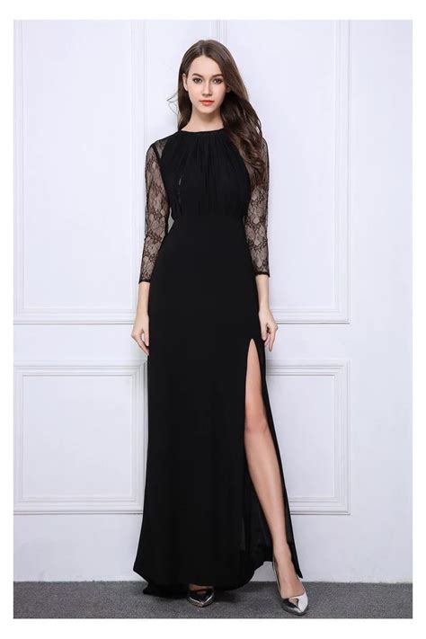Black Lace Long Sheer Sleeve Slit Prom Dress Ck Sheprom