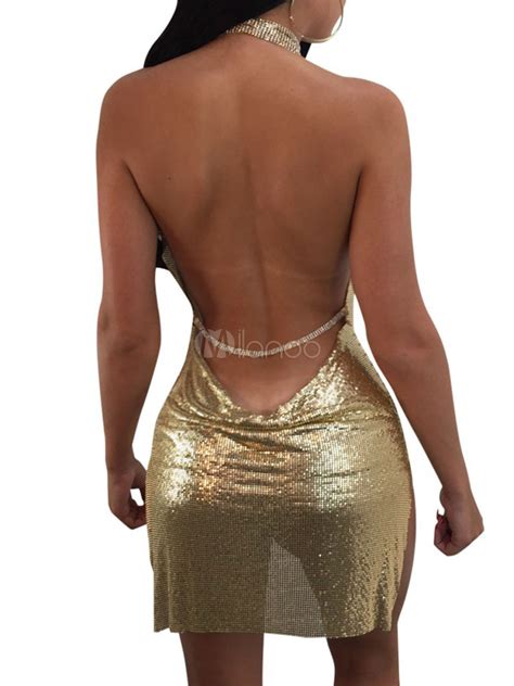 Sexy Club Dress Sequins Glitter Halter Chains Backless Split Gold Mini Dress