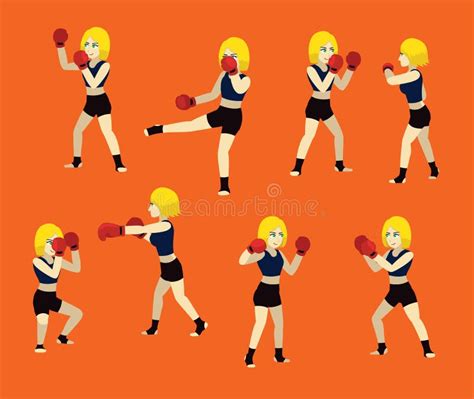 Various Poses Woman Manga Boxing Poses Set Cartoon Vector Illustration