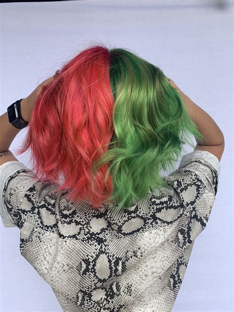 Pink And Green Hair Color Split Dyed Hair Green Hair Creative Hair Color
