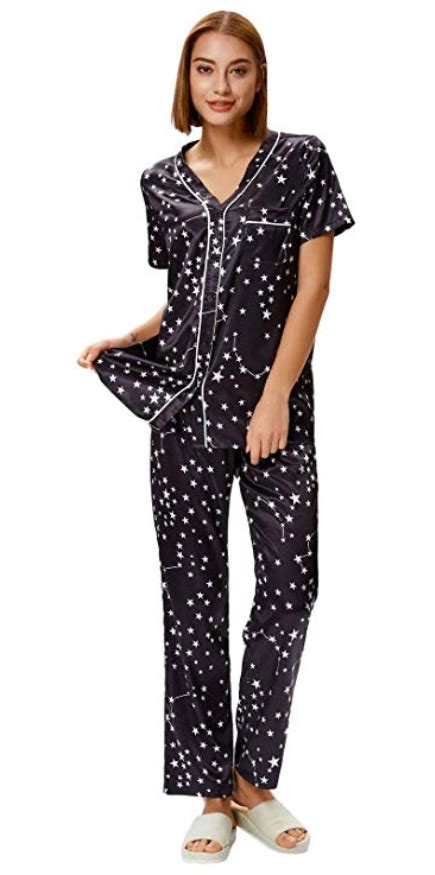 Zexxxy Womens Stars Print Satin Sleepwear Short Tops With Long Pants