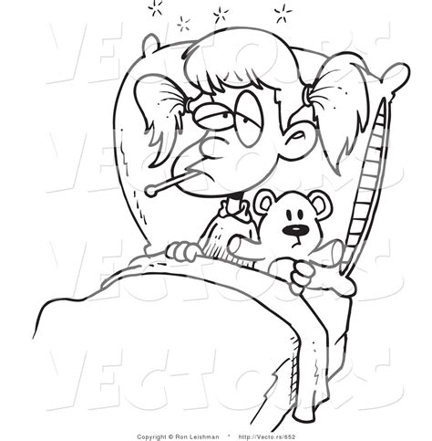 Vector Of A Sick Cartoon Girl Resting In Bed With Teddy Bear Line