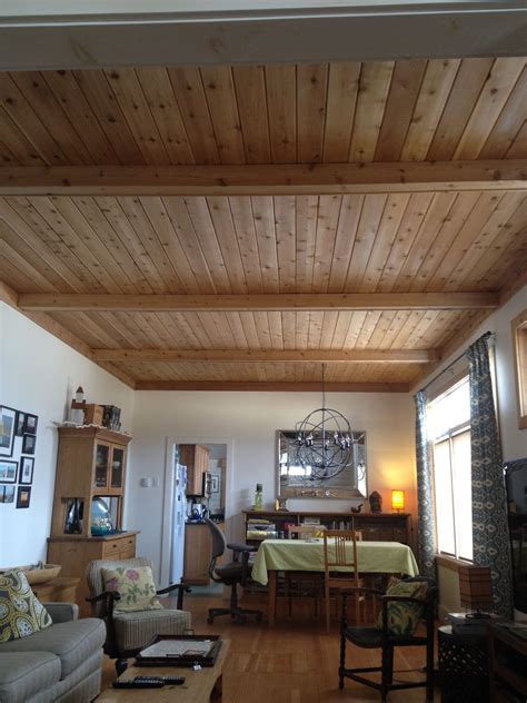I made these cedar panels myself for our bathroom, a diy project. Ceiling Cedar Plank Ceiling In Cottage With False Beams ...