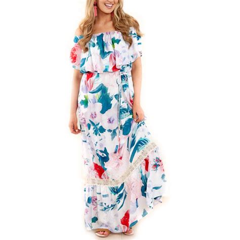 2019 Summer Lace Hot Sale Women Bohemian Maxi Long Dress Off Shoulder Flower Print Short Sleeve