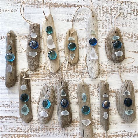 Set Of Five Driftwood Sea Glass Christmas Ornaments Etsy Driftwood Jewelry Beach Glass