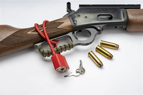 Lever Action Rifle Gun And Cable Locked With A Keys On White Background
