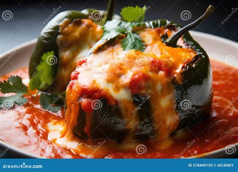 Fiery Close Up Of Chiles Rellenos Smothered In Melted Cheese And Spicy