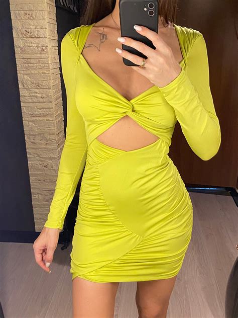 Sexy Club Dresses Bodycon Long Sleeve Cut Out V Neck Mini Party Ruched Dress Clubwear Clubbing