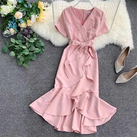 Womens Casual Dresses V Neck Ruffled Hem Graceful Maxi Wrap Dresses Pink L