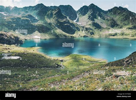 Turquoise Lake And Mountains Range Landscape Summer Travel Serene