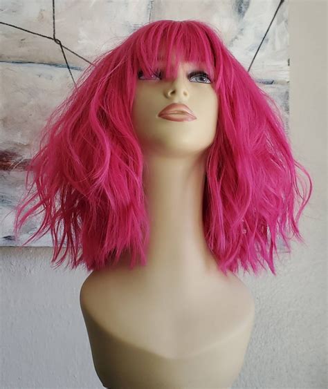 Hot Pink Shoulder Length Bob Wig With Textured Layers And Etsy
