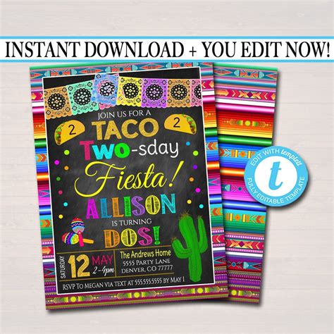 Taco Two Sday Second Birthday Fiesta Invitation Chalkboard Printable