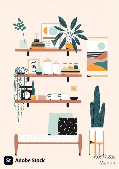 Interior Design Illustration Of Shelves Hanging Artwork Plant And