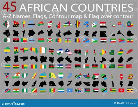 African Countries A Z Names Flags Contour And National Flag Over