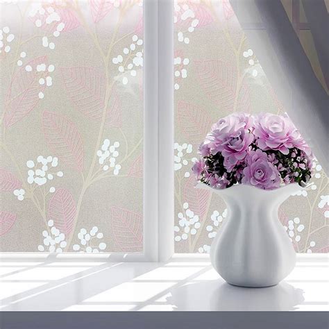 pink leaves pattern frosted glass window shading film tinted for home