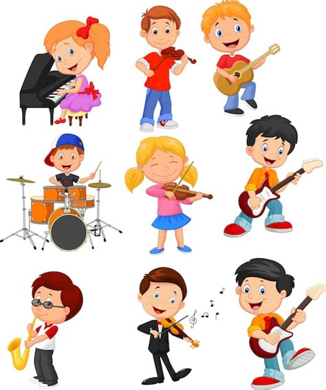 Dibujos Animados De Niños Pequeños Tocando Música Vector Premium