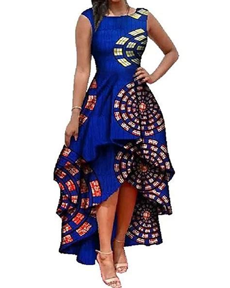 Womens African Dress Formal Prom Dashiki Print Sleeveless Peplum Fit Flare Midi High Low Dress