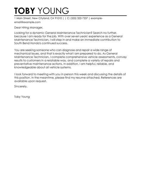 Amazing General Maintenance Technician Cover Letter Examples