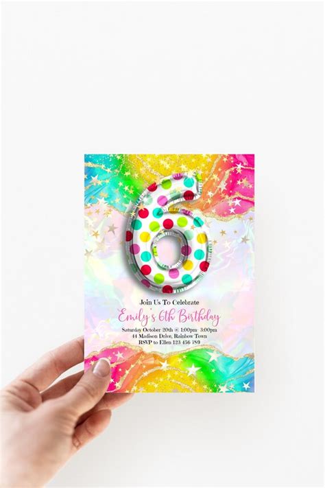 6th Rainbow Printable Birthday Invitation Editable Colorful Etsy