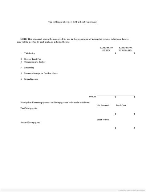 Free Settlement Sheet Form Printable Real Estate Forms