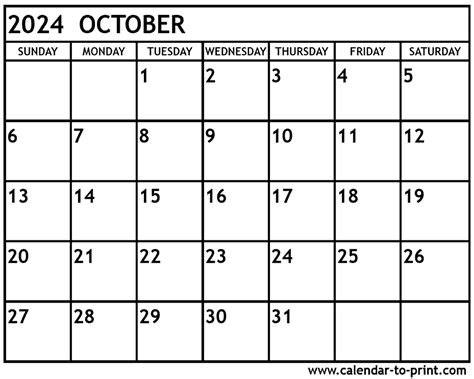 October 2024 Calendar Free Printable
