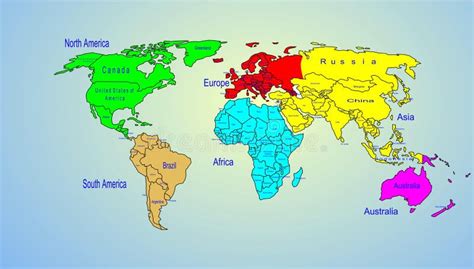Continents Et Nom Du Pays De Carte Couleur Du Monde Illustration Stock
