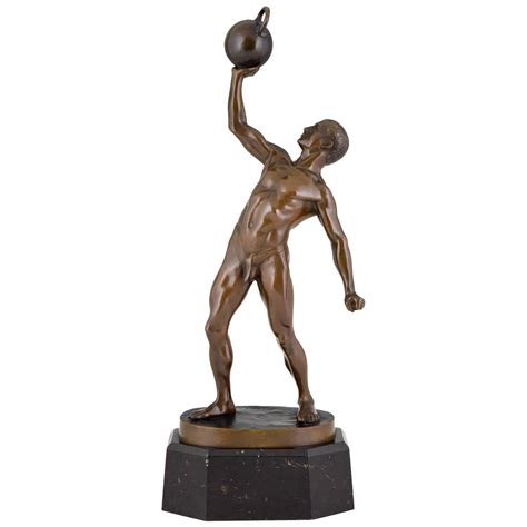 Antique Sculpture Of A Male Nude Athlete With Dumbbell By Peleschka