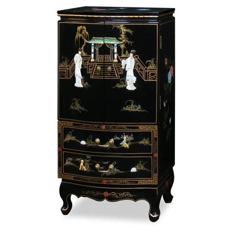 Chinese Style Jewelry Armoire Black Lacquer Floral Pearl