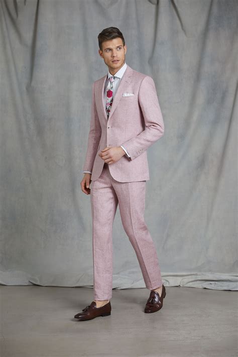 Mens Pink Herringbone Linen Tailored Fit Italian Suit 1913