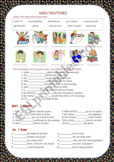 daily routines simple present tense matching esl worksheet