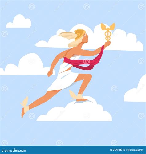 Cartoon Greek God Hermes With Winged Sandals And Scepter Running In