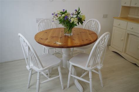 27.5l x 27.5w x 30h floor to underside of table: Round Pine Pedestal Table and 4 Wheelback Chairs-Painted ...