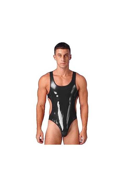 Ranrann Body Homme Sexy String Ouvert Bodysuit Cuir Verni High Cut