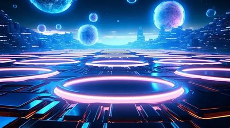 A Futuristic Sci Fi Landscape 3d Render Of Neon Glowing Circles On A