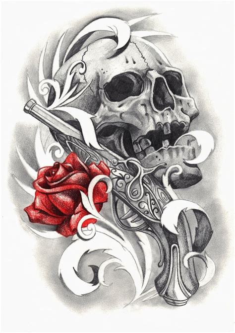 Milieu skull, bikers, rock, gothique, etc. Dessin tatouage tête de mort, rose et pistolet | Tattoos ...