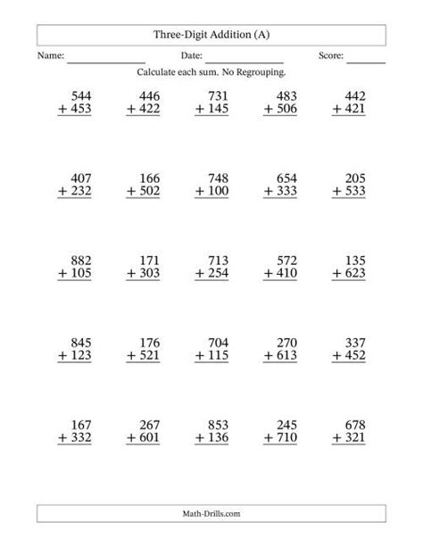 Free Printable 3 Digit Addition Worksheets Without Regrouping