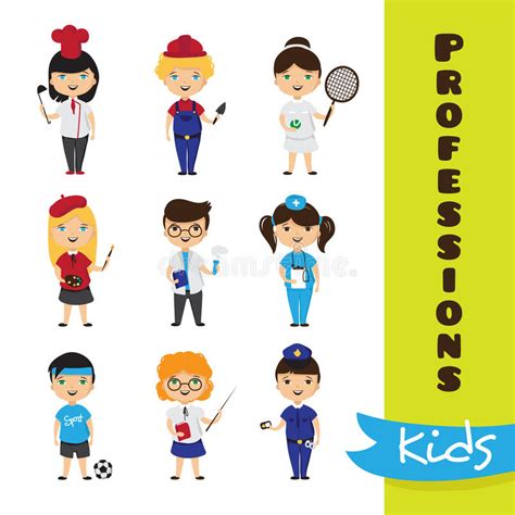 Vector Set Of Cute Cartoon Kids In Different Professions. Children Professions Collection Stock ...