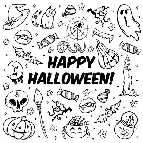 Happy Halloween Coloring Page With Spooky Objects Hand Drawn Cute