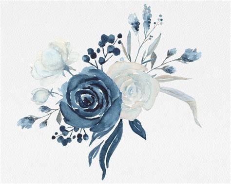 Navy Blue And White Flowers Watercolor Clip Art Bouquet And