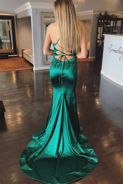 Elegant Green Mermaid Backless Satin Long Prom Dresses With Sweep Trai