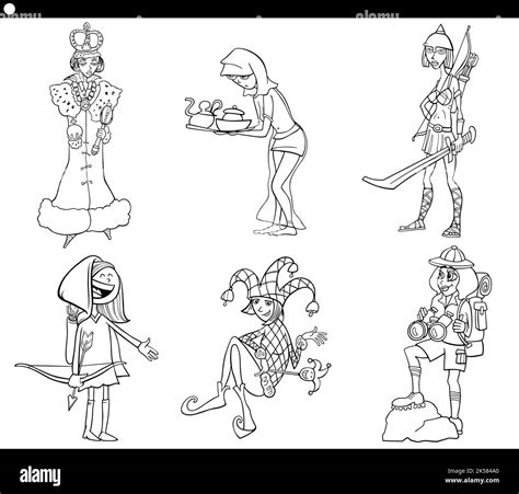 Black And White Cartoon Illustration Of Comic Women Characters Set