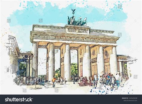 Ilustrasi Stok Watercolor Sketch Illustration Brandenburg Gate Berlin