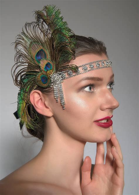 Green Black Peacock Feathers Flapper Crystal Headband Etsy Art Deco