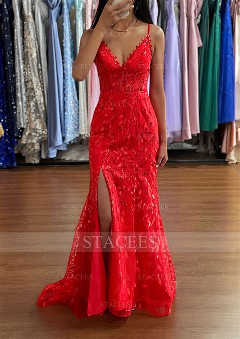 A Line V Neck Sleeveless Sweep Train Tulle Prom Dress With Sequins Split Prom Dresses Stacees