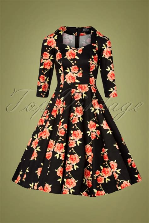 50s Hailey Floral Swing Dress In Black