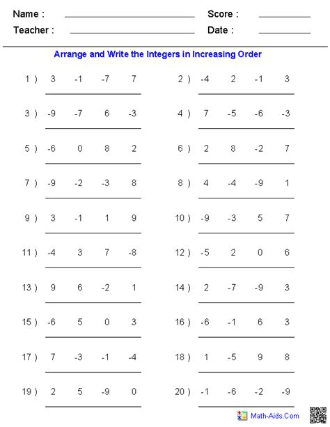 Math Aids Integers Worksheets Order Of Operation Worksheets