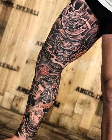 samurai hannya x geisha leg tattoo men full leg tattoos leg sleeve tattoo