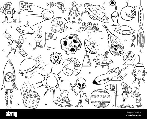 Set Of Cartoon Vector Doodle Alien Monsters And Space Props Stock