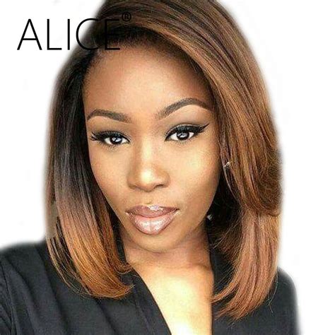 ALICE Human Hair Bob Wigs Brown Ombre Color Remy Straight Human Hair