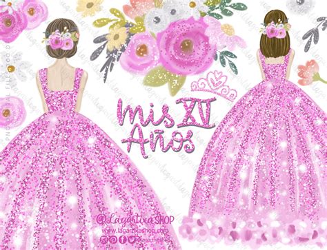 Xv Años Sweet Sixteen Pink Princess Dress Clipart Floral Png Hand
